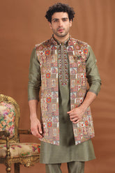 Olive Green Silk Mirror Embroidered Kurta Pajama with Jacket